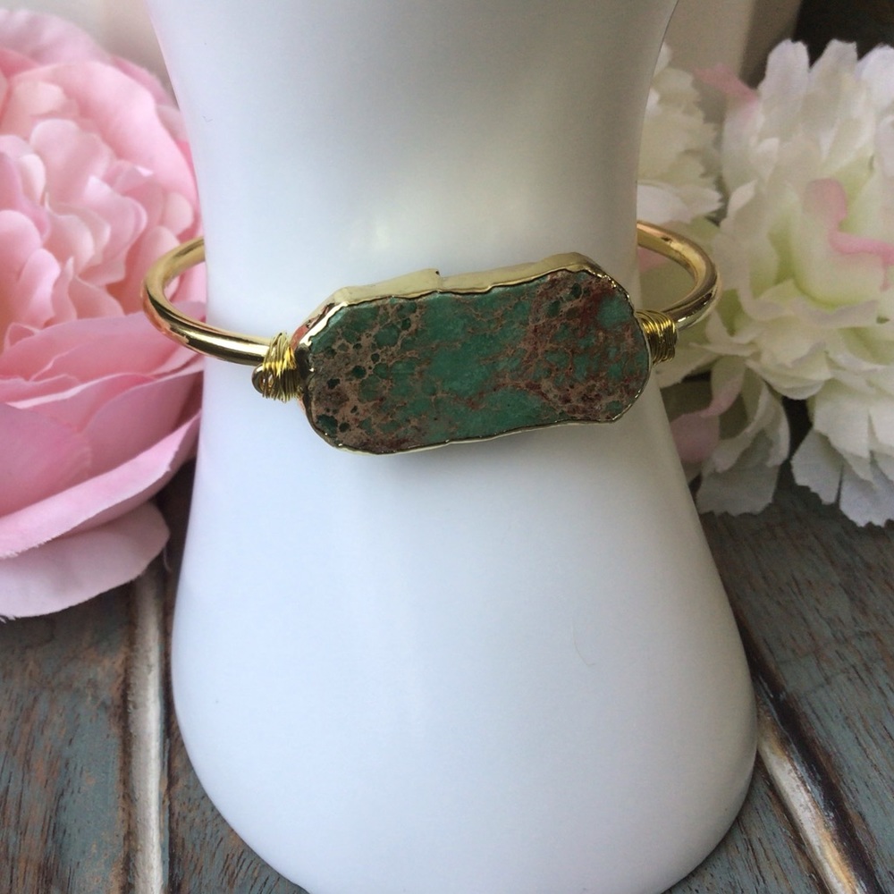 18K Gold Natural Sea Jasper Stone Cuff Bangle - Picture 9 of 9